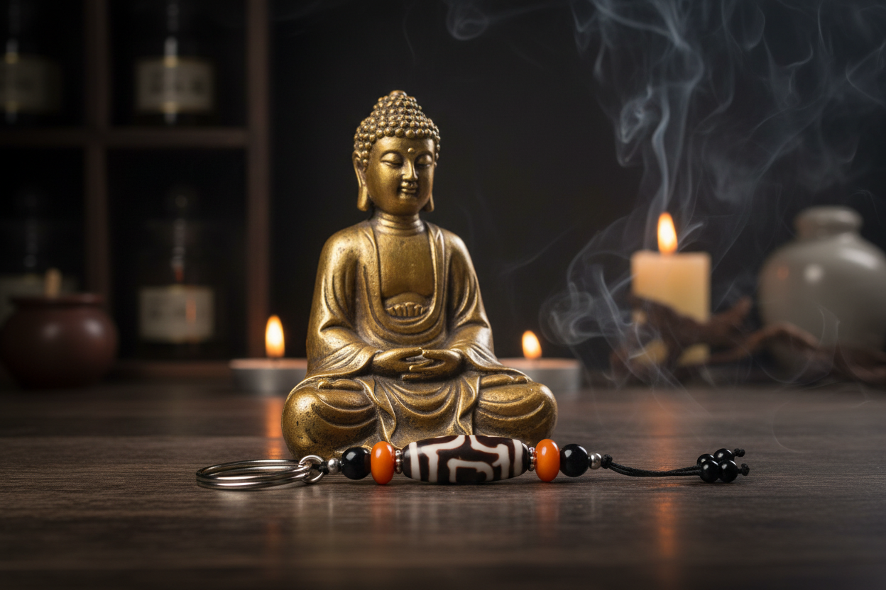Schlüsselanhänger vor goldener Buddha-Figur