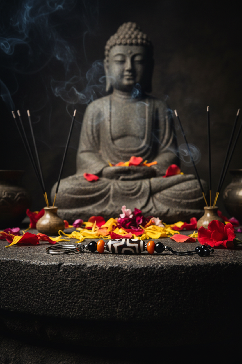 Schlüsselanhänger auf Steinaltar vor Buddha-Statue