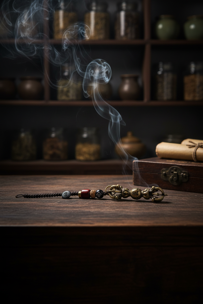 Tibetischer Vajra Dorje Anhänger – moody Produktfoto mit dunklem Hintergrund