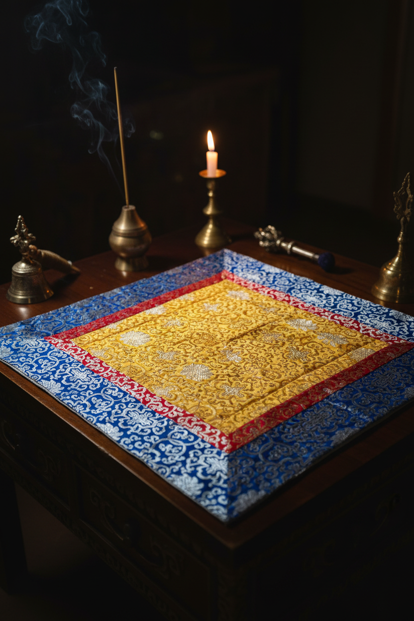 Tibetisches Brokat-Altartuch – Detailaufnahme Gold Lotus