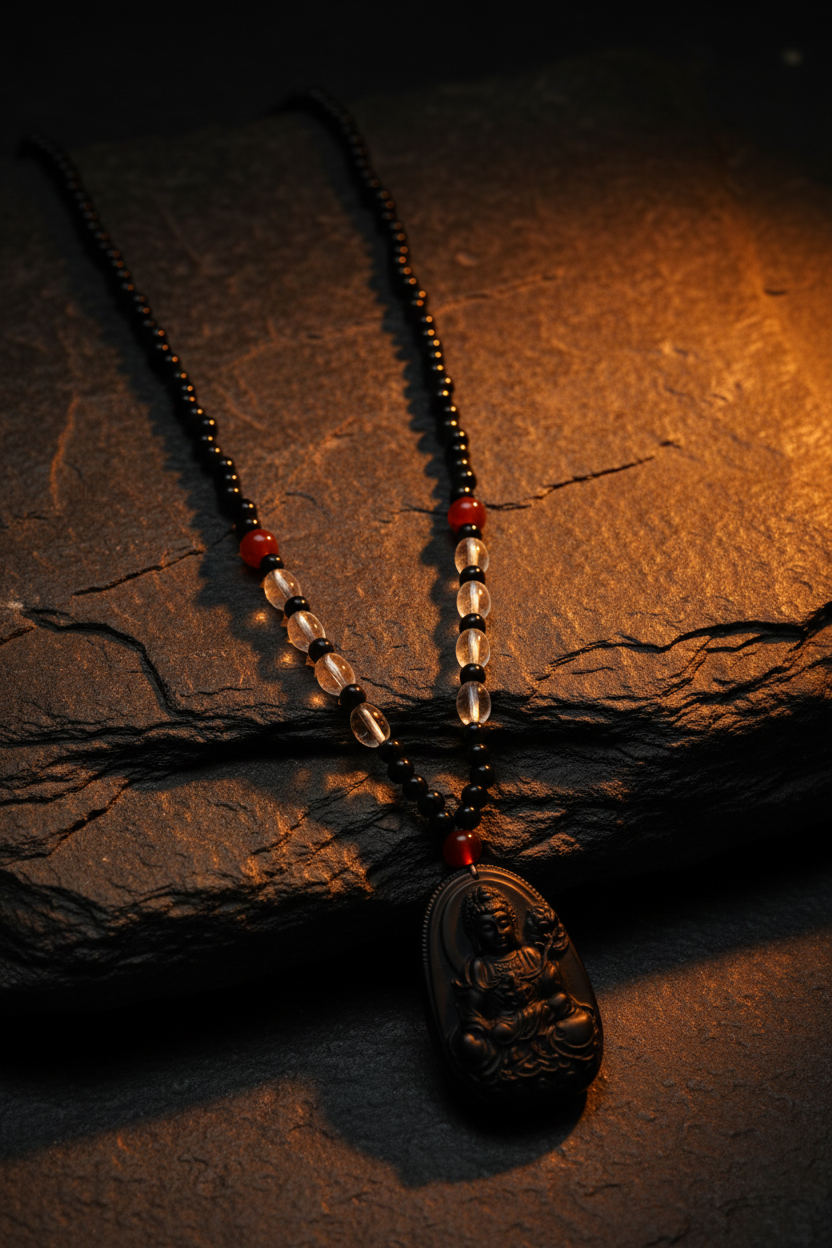 Guanyin Lotus Kette auf Stein drapiert