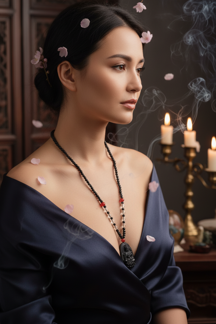 Guanyin Kette am Dekolleté getragen