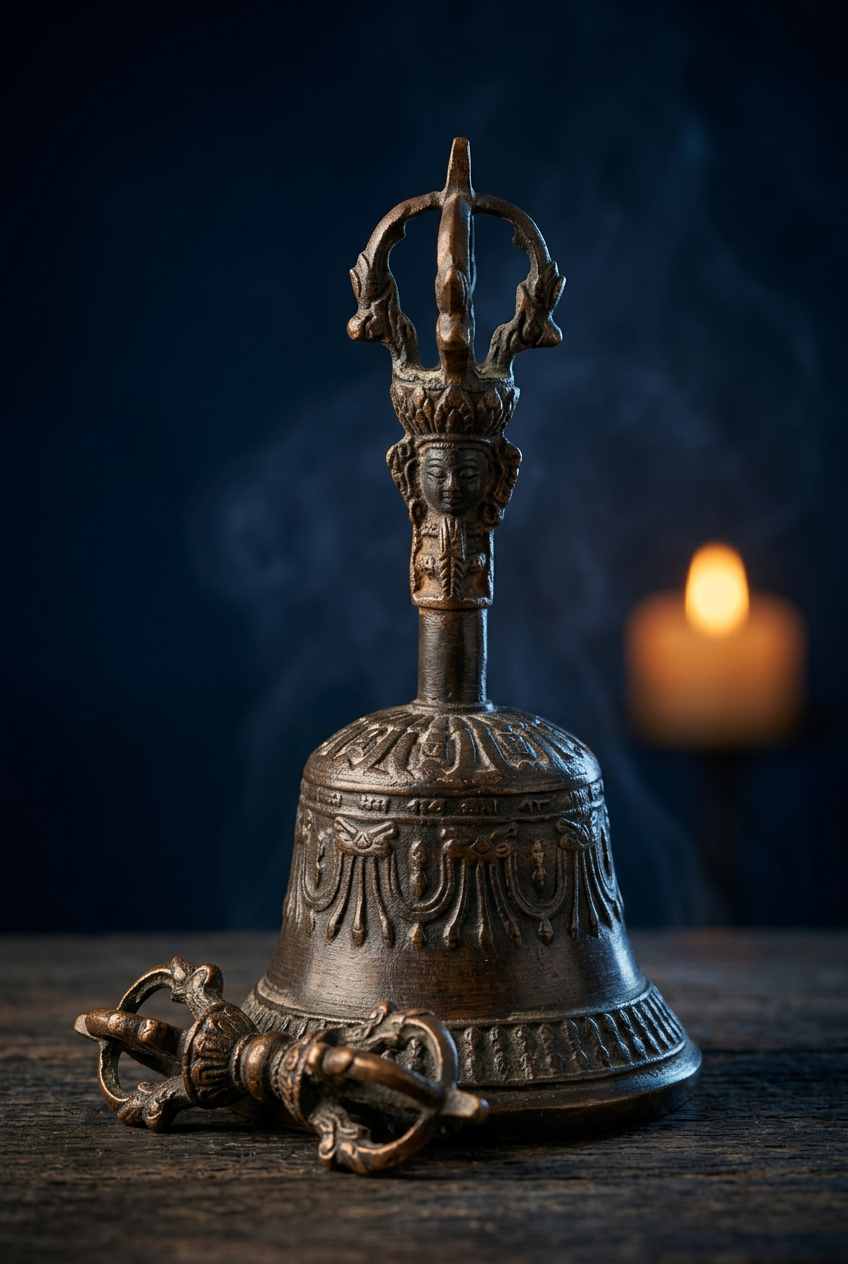 Mystisches Vajra- und Gantha-Set aus tieferer Perspektive