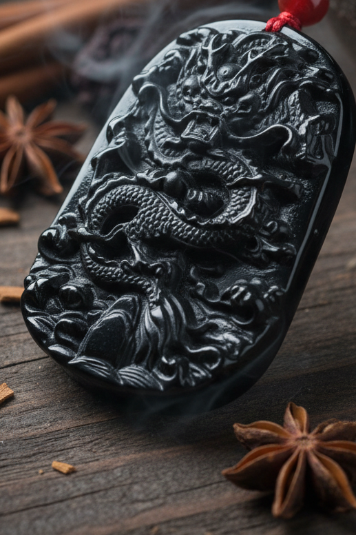 Obsidian Drachen-Amulett mit Kette – Makro