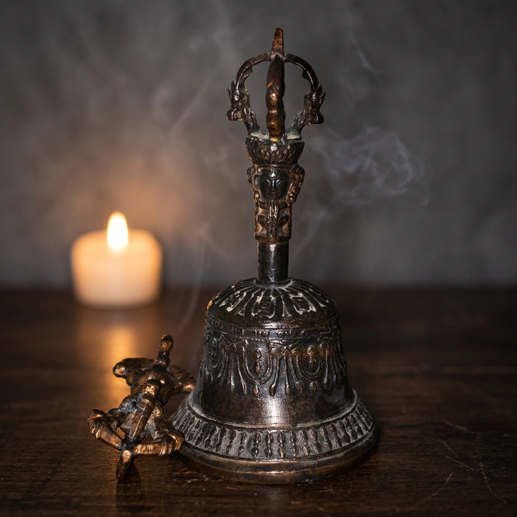 Vajra- und Gantha-Set auf dunklem Holz mit warmem Licht